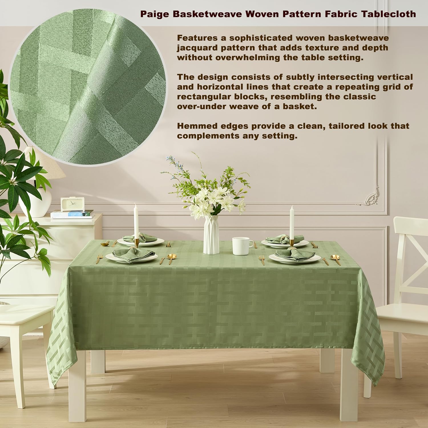 Newbridge Paige Contemporary Woven Block Pattern Fabric Tablecloth, 60 x 84 Inch Oval, Sage Green – No Iron, Soil Resistant Table Cover for Dining, Parties and Holidays