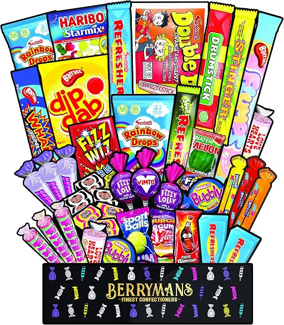 Sweet Hamper Gift Box - A Huge Retro Sweets Gift Box Of Old Fashioned Sweets | Jumbo Sweets Gifts for Men or Women | Retro Sweets Gift Box By Berrymans Sweets Hamper Box | Black Jacks, Parma Violets.