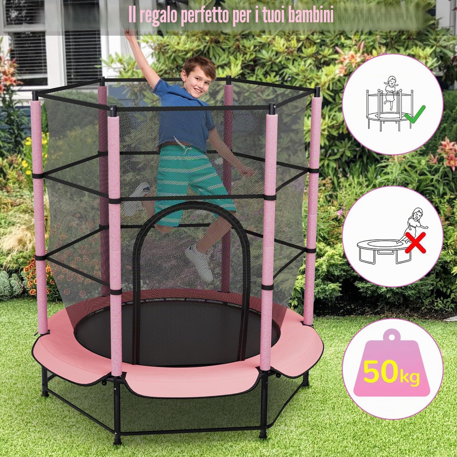 LIFERUN Trampolino per bambini, per esterni, Ø 140 cm, per interni e bambini, con rete di sicurezza, trampolino da giardino per allenamento e intrattenimento, fino a 50 kg