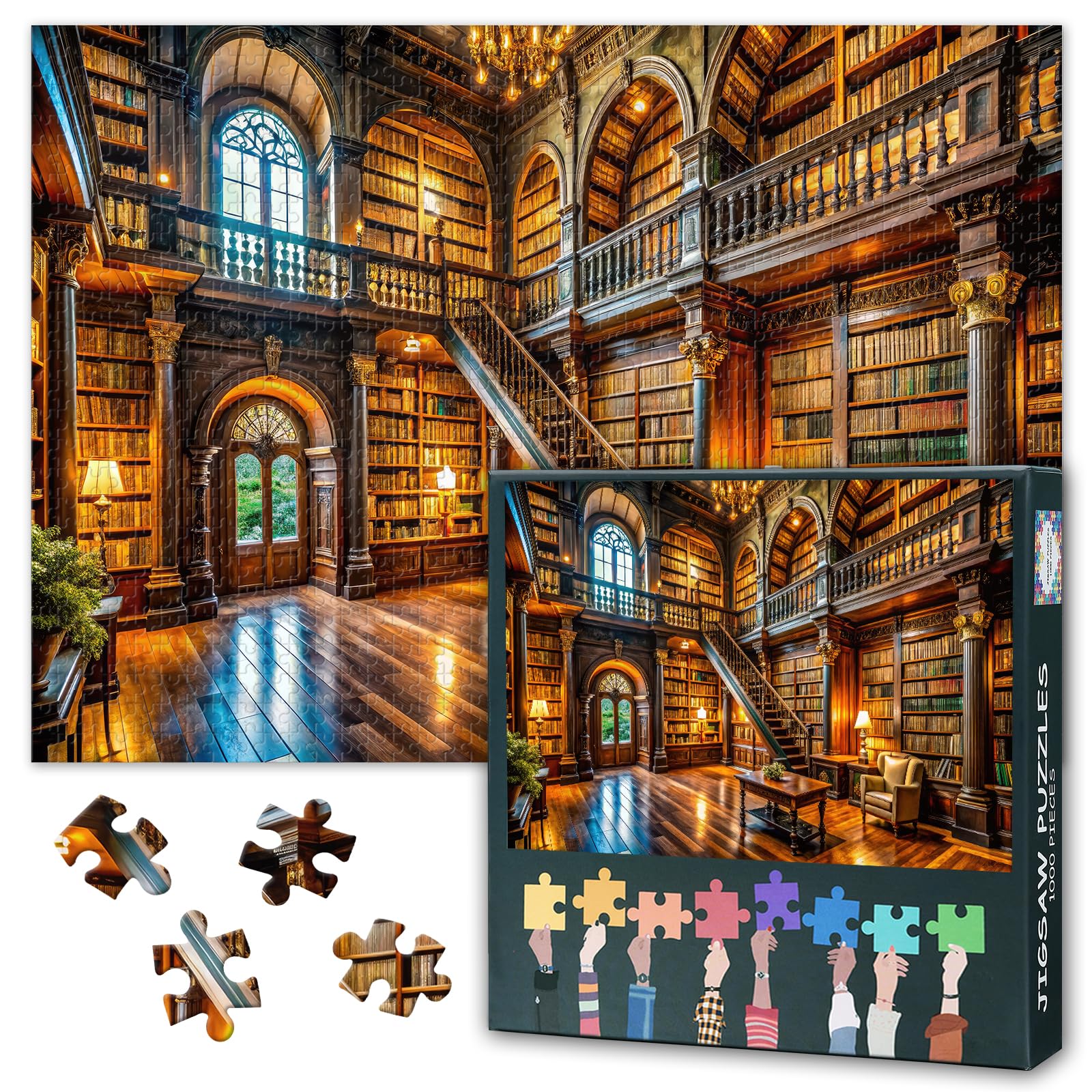 1000 Pieces Puzzles for Adults Vintage Bookshelf in a Grand Library with Antique Literature Jigsaw Puzzle Educational Games - 50x70cm Hard Difficult Challenging Gift