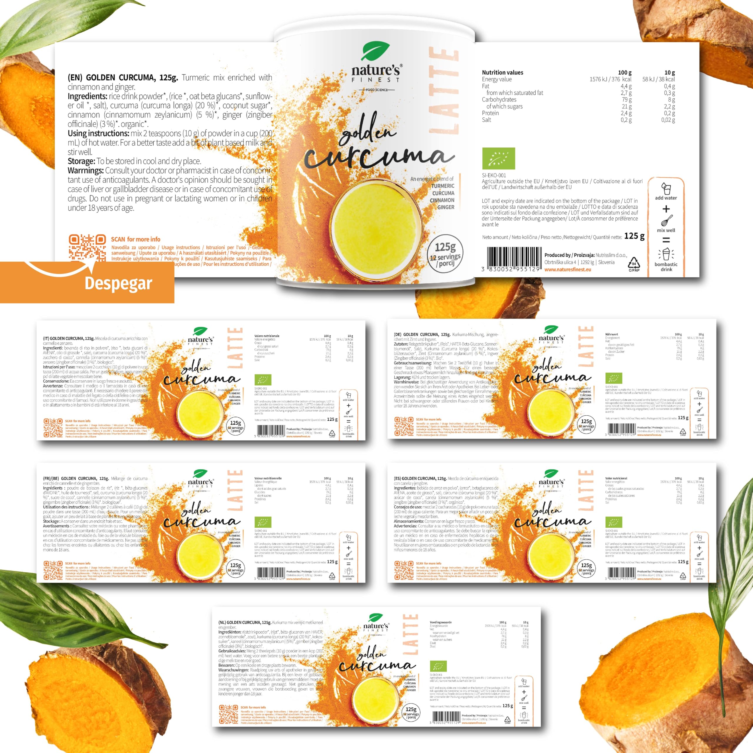 Nature's Finest Golden Curcuma Latte Bio, Curcuma-Cannelle 125 g (Lot de 3) | Lait d'or bio au curcuma (20 %), cannelle et gingembre, sucré au sucre de coco - latte doré crémeux au lait végétal