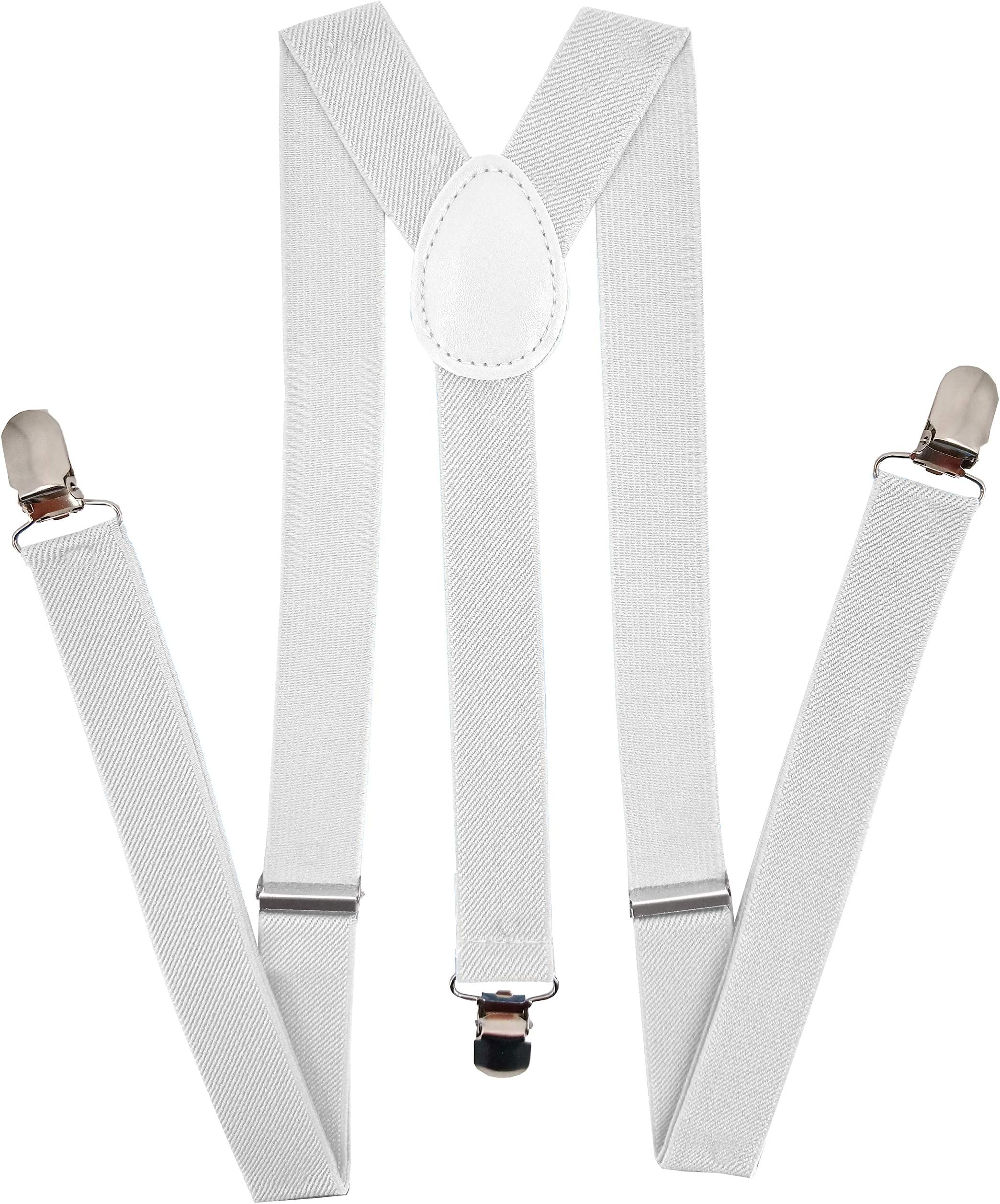 Adjustable Elastic Y Back Style Suspenders for Men and Women With Strong Metal Clips, White