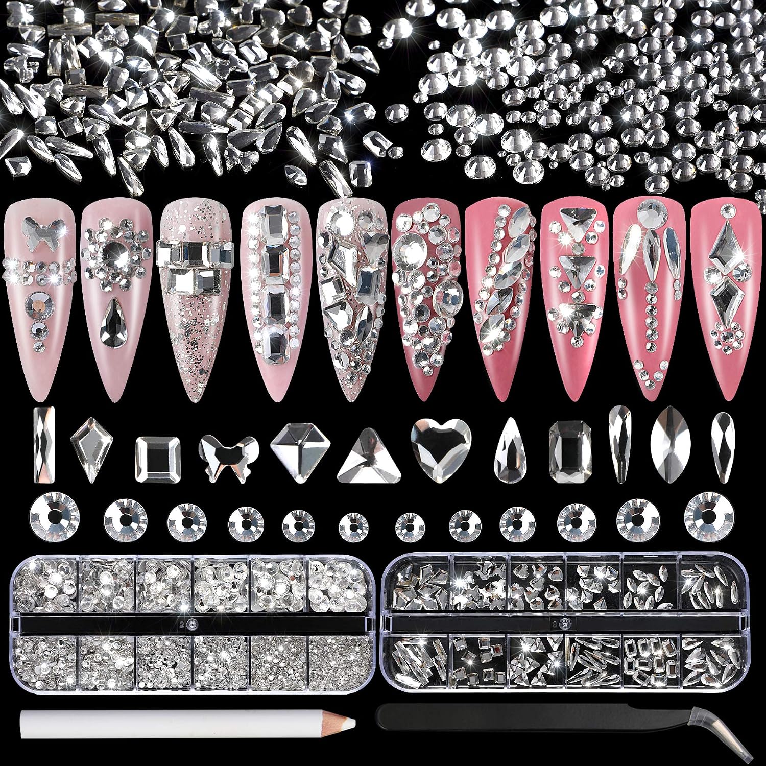 Nail Jewel 2000PCS AB Crystal Rhinestones Set and 120PCS Rhinestones Set 12 Shaped Crystal Rhinestones Set with Tweezer and Picking Pen for DIY Crafts