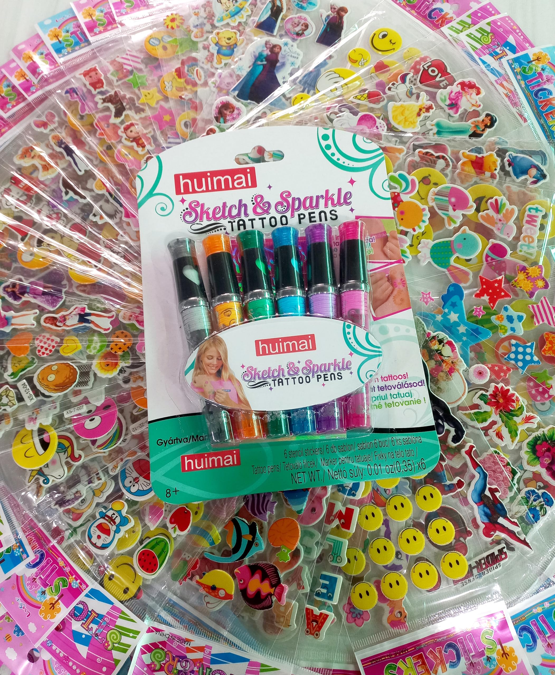 GS Glitter 6 Washable Tattoo Pens and 6 Stencil Stickers for Kids – Art Supplies Sparkle Temporary Sketch +10 sheets mix design stickers