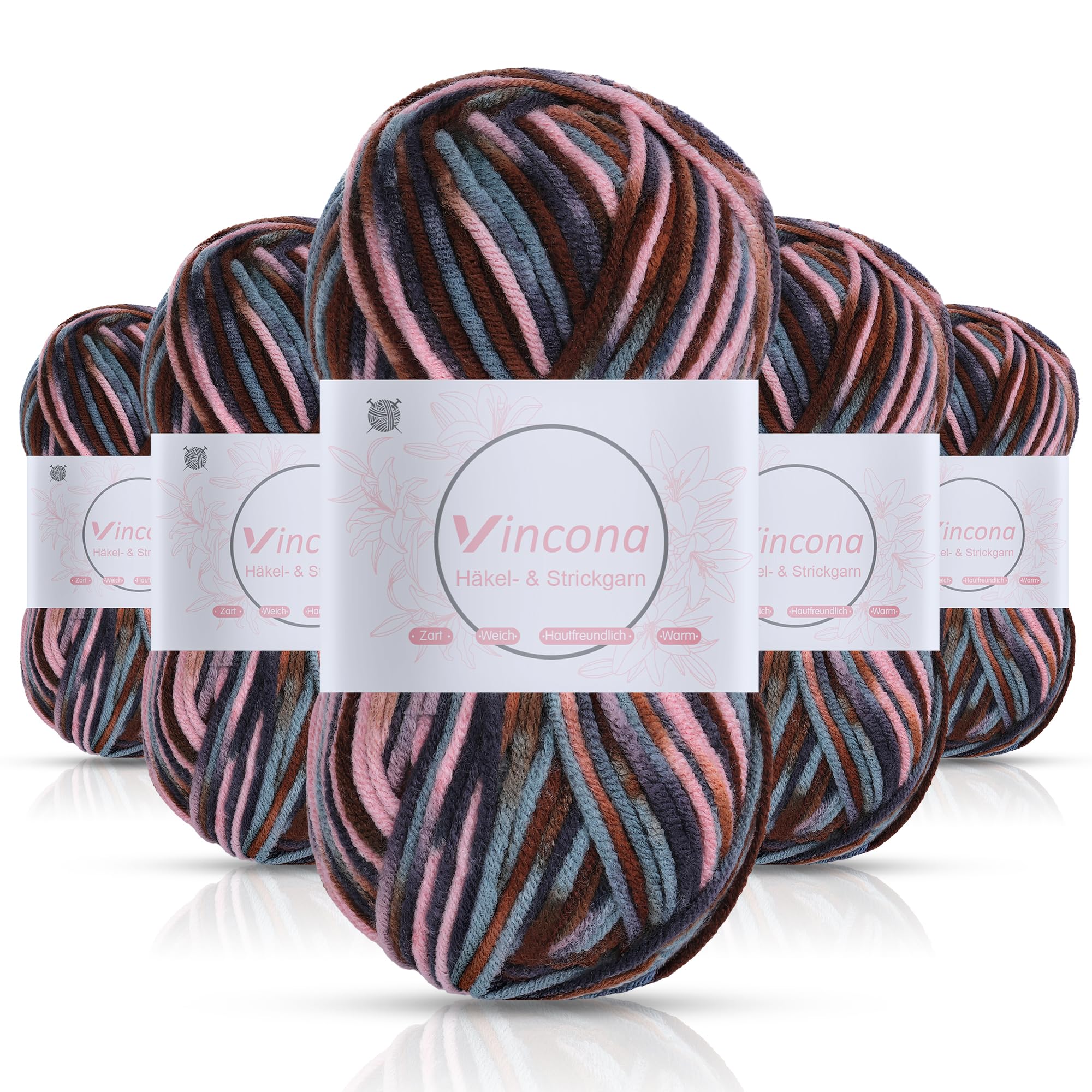 Vincona Häkelgarn，5x50 g Wolle zum Häkeln，Bunt Farbverlauf Acrylgarn zum Häkeln，Wolle zum Häkeln und Stricken, Handstrickgarnsets Geeignet zum Stricken von Puppen, Pullovern, Schals, Mützen