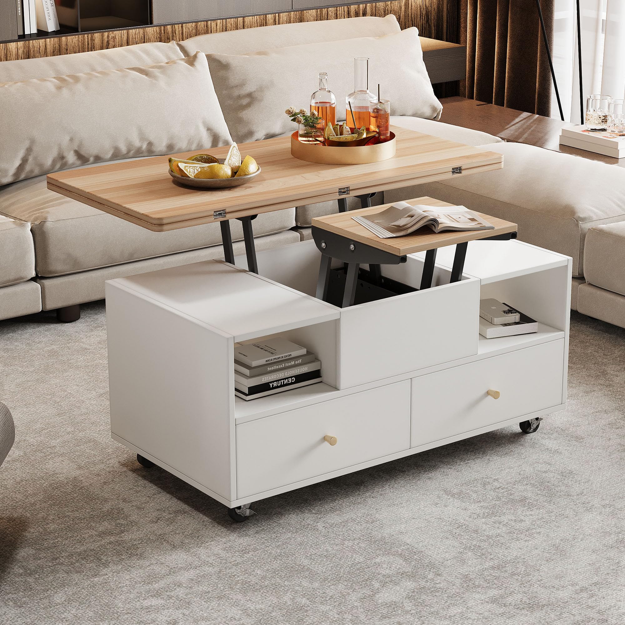 ModernLuxe Lift-Top Coffee Table,Extendable Centre Table with 4 Drawers & 2 Lift-Up Platforms,Coffee Table on Wheels for Living Room, White+Wood, 100×50×47.5cm — image 1