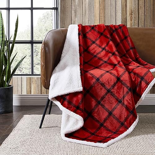 Vista 215 de Eddie Bauer Manta reversible de vellón sherpa, ropa de cama y decoración del hogar, para todas las estaciones, (Bunkhouse Plaid Beige), beige