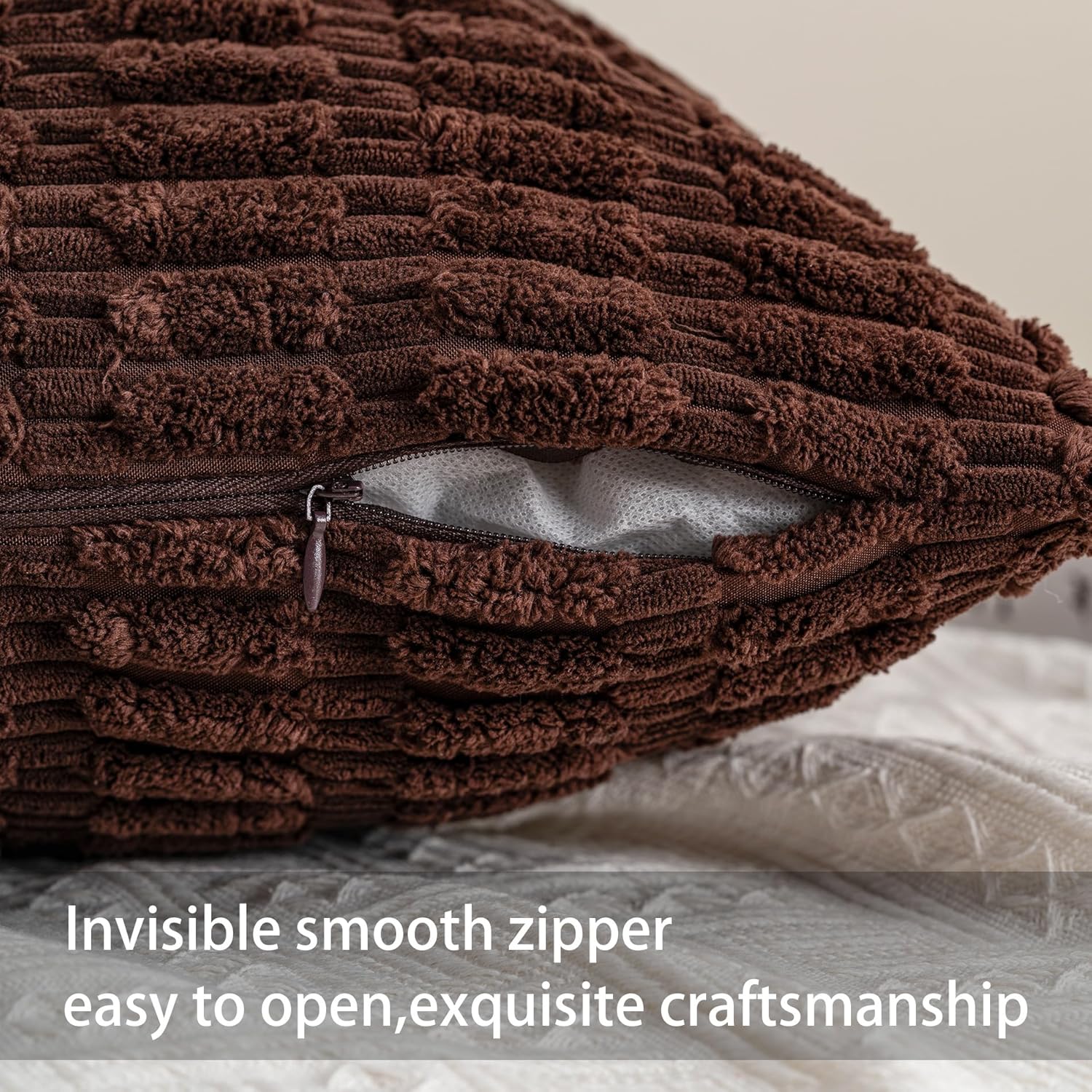 Pack of 2 Corduroy Decorative Throw Pillow Covers 18x18 InchSoft Boho Striped Pillow Covers Modern Farmhouse Home Decor for Sofa Living Room Couch Bed(Dark Brown) - Image 2