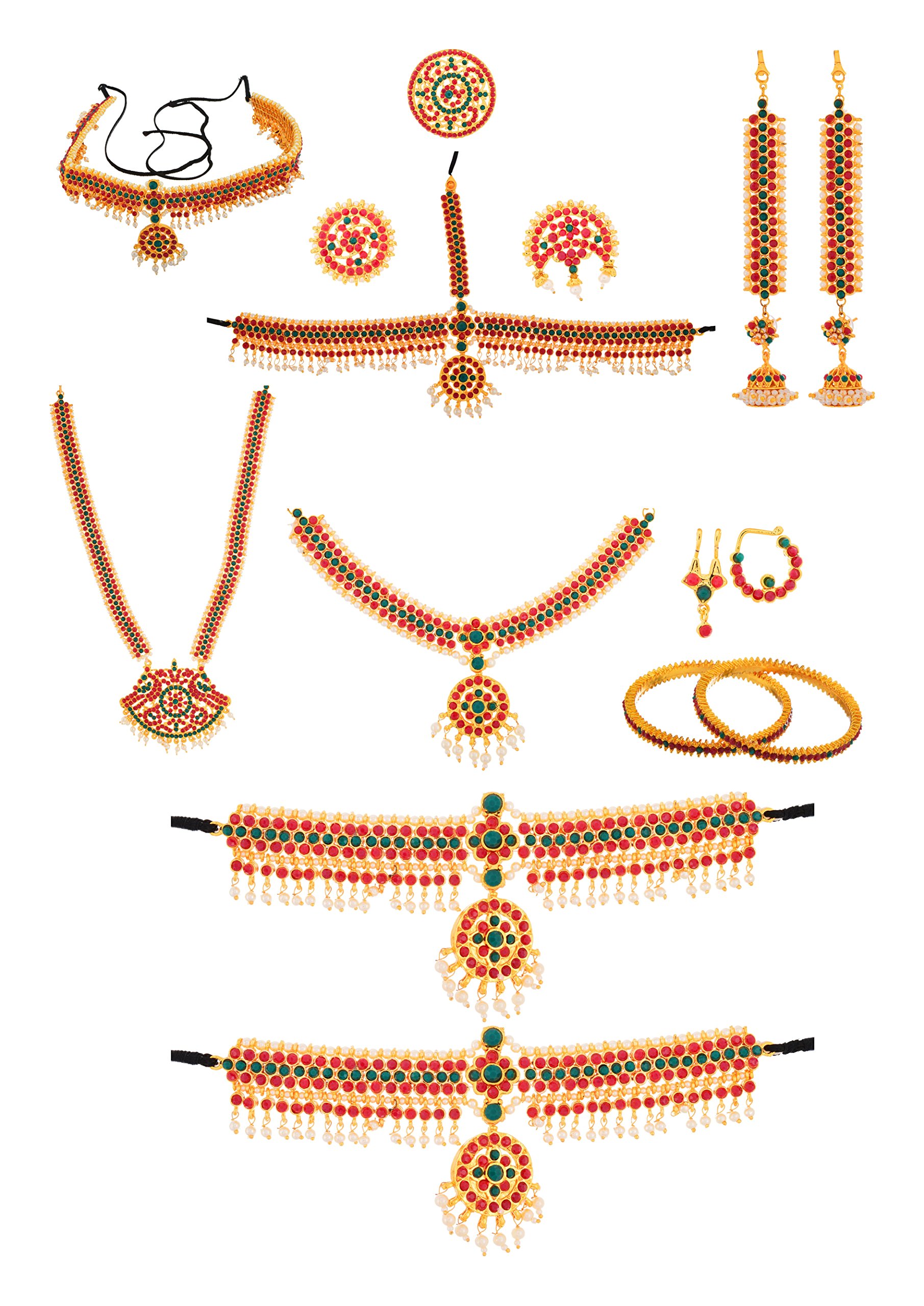 Usha Gold Plating Complete Bharatanatyam Jewellery Set with All The 10 Separate OrnamentsMade with Green and Red Kemp Stones for Women (B01LOXYE1W) Amazon Price History, Amazon Price Tracker