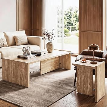 Modern Faux Travertine Coffee Table and End Tables Set of 2, Minimalist Living Room Tables Set with Chrome Support, Beige Stone Pattern Center Table and Side Table for Living Room, Bedroom