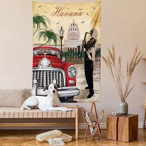 Miniatura 2 de Lunarable Tapiz de La Habana, caballeros que tocan saxofón con sombreros de Panamá y auto rojo nostálgico, colgante de pared para dormitorio, sala