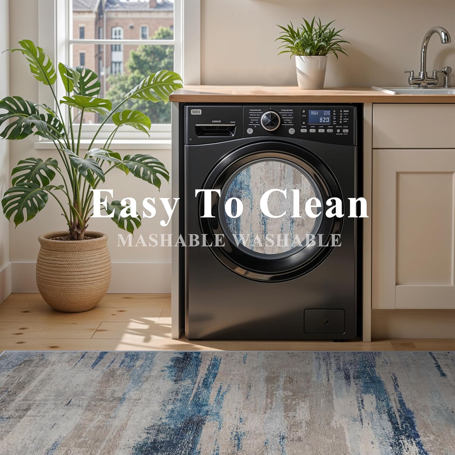 YOUFORTONG 3x25 Runner Rug Washable - Indoor Extra Long Hallway Rug with Non Slip Backing Low Pile Satin Resistant Carpet for Kitchen Entryway Living Room Home Decor Thin Mat for Stair 3X25 Blue