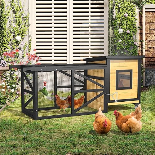 71'' Chicken Coop for 2-3 Chickens with Wheels, Outdoor Wooden Hen House w/Window, Wheels, Weatherproof for Backyard Poultry Pet Hutch, Removable Tray and Hanging Chicken Feeder