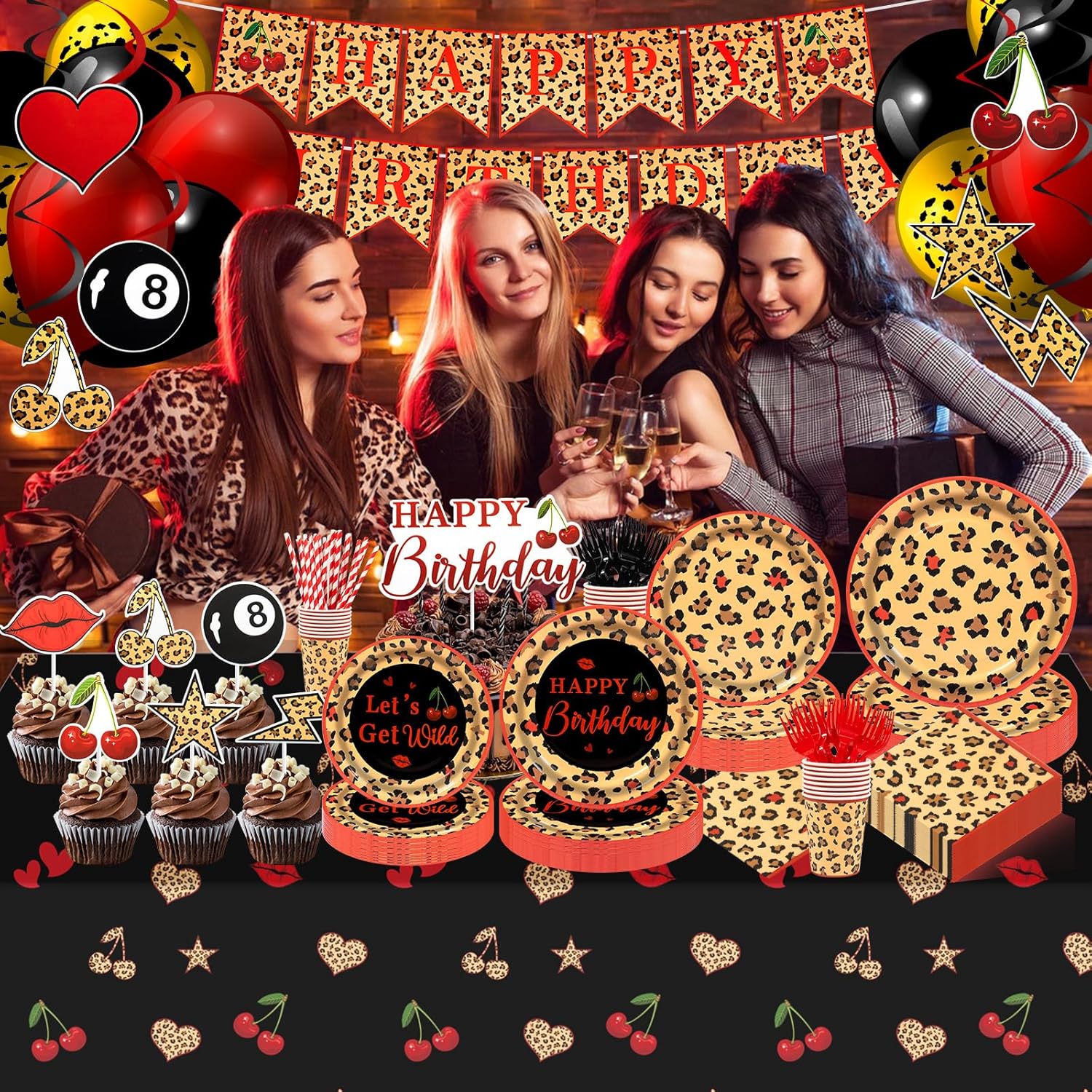 192Pcs Red Cheetah Print Birthday Party Decorations Serve 24 Guests,Leopard Birthday Decorations Includes Plates Napkins Banner Tablecloth Balloons Cake Topper,for Girls Women Big Mama Party