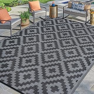 SAND MINE Waterproof Outdoor Rug 9x12 ft, Plastic Reversible Rug, Modern Area Rug, Large Floor Mat for Outdoors, RV, Patio, Backyard, Deck, Picnic, Beach, Camping, Black Grey Lattice