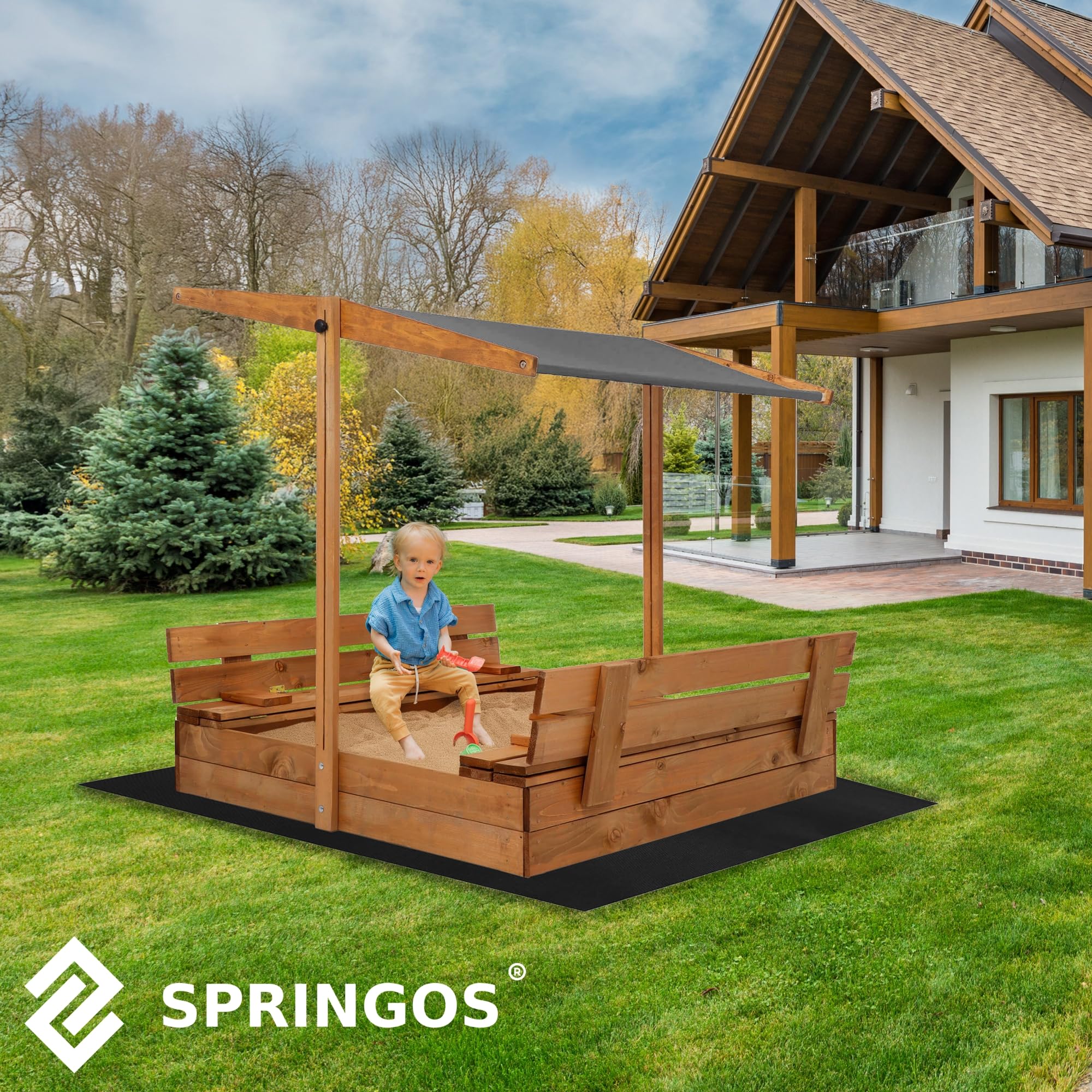 Bac Sable 120x120 Cm Bois Résineux Bac à Sable En Bois 120x120 Cm Avec Couvercle Banc - Imprégné écologique, Géotextile Inclus, Pour Enfants Dès 18 Mois