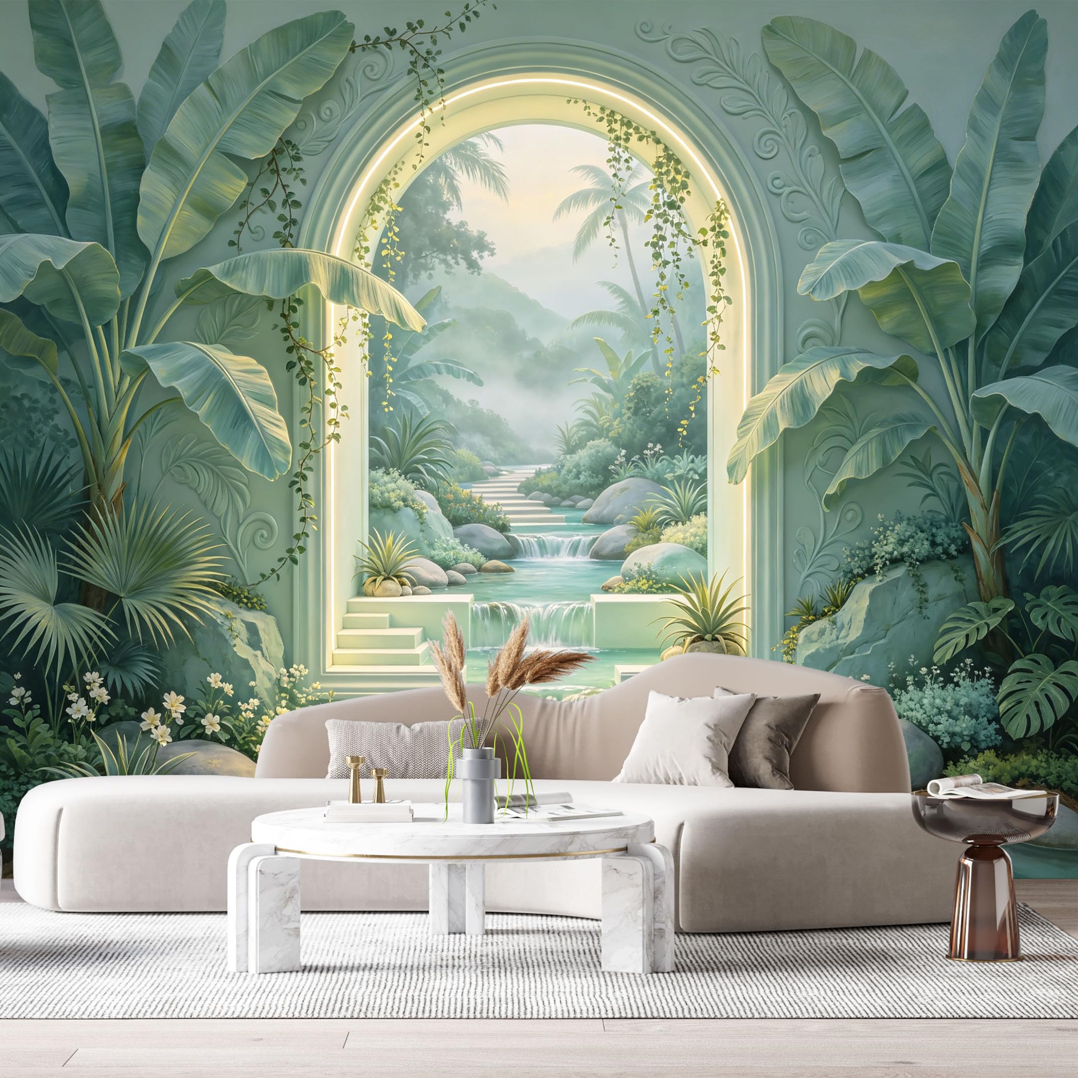 Custom Size Wall Murals Tropical Jungle Waterfall Archway 3D Trompe L'Oeil SelfAdhesiveWall Fabric Removable Wallpaper Wall Decor for Living Room Bedroom Bathroom