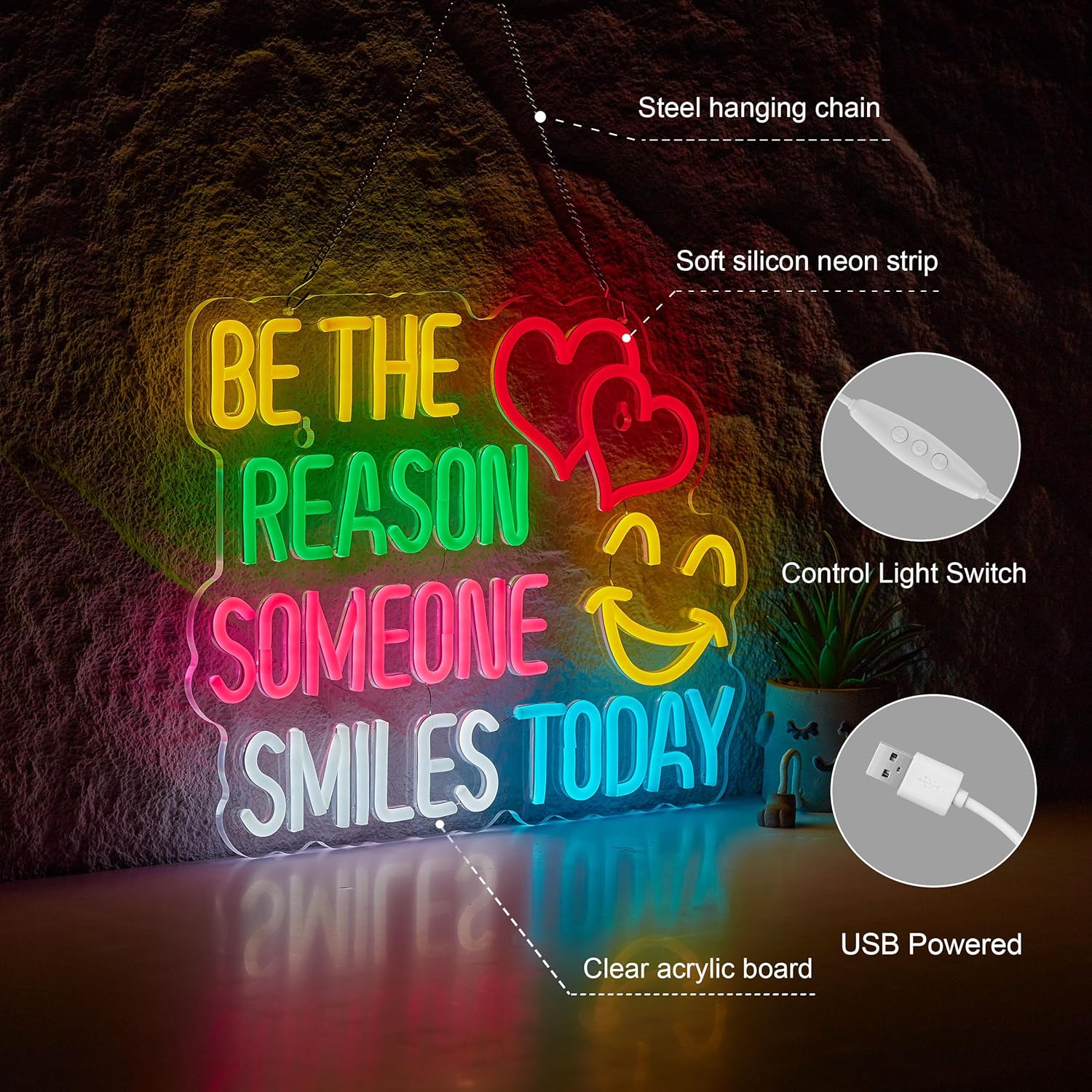 Be The Reason Someone Smiles Today Neon Sign for Wall Décor Motivational Neon Light USB Powered LED Dimmable Inspirational Sign with Classroom Light Decor - Image 5