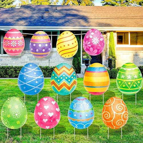 Beeveer 12 carteles de Pascua para patio, estacas de huevo de Pascua para exteriores, decoración de césped de Pascua, impermeable, decoración de