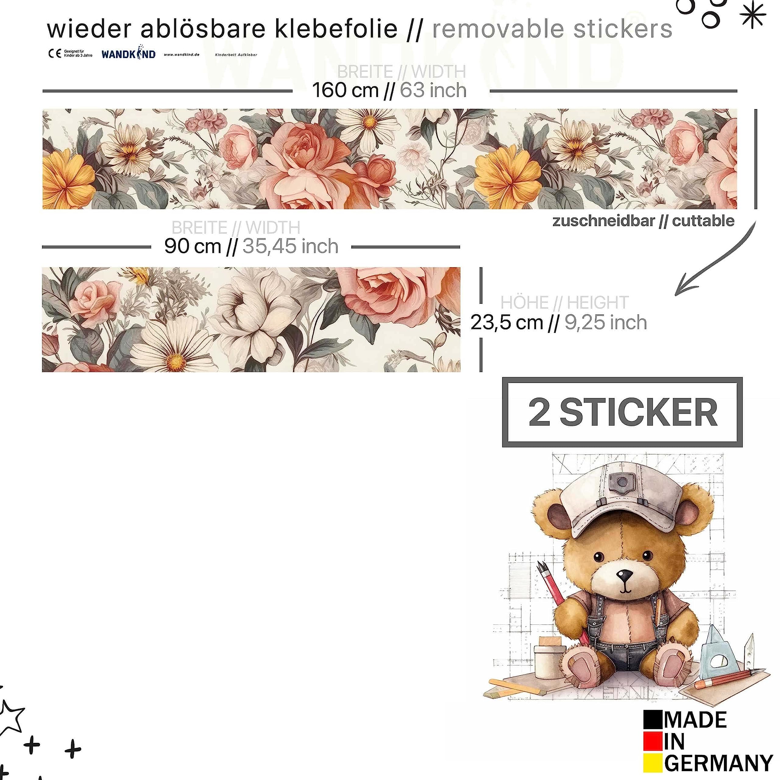 WANDKIND Aufkleber für IKEA KURA Kinderbett Hochbett Klebefolie Möbelfolie Sticker Kinderzimmer Blumen (Möbel nicht inklusive) IKB506 (5 Sticker Set)