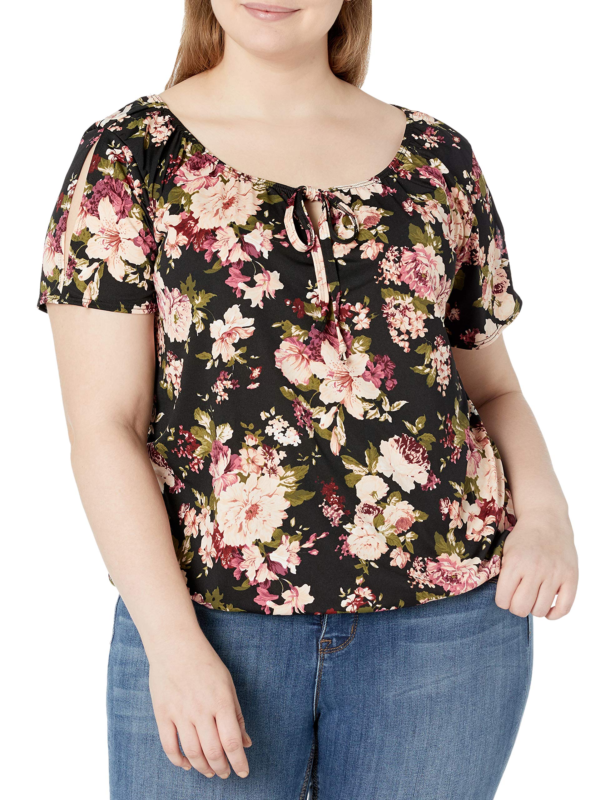 Star Vixen Women's Black Ground Floral Plus Size Short/Slit Sleeve Keyhole-Tie Peasant Top Bubble Hem, 1X