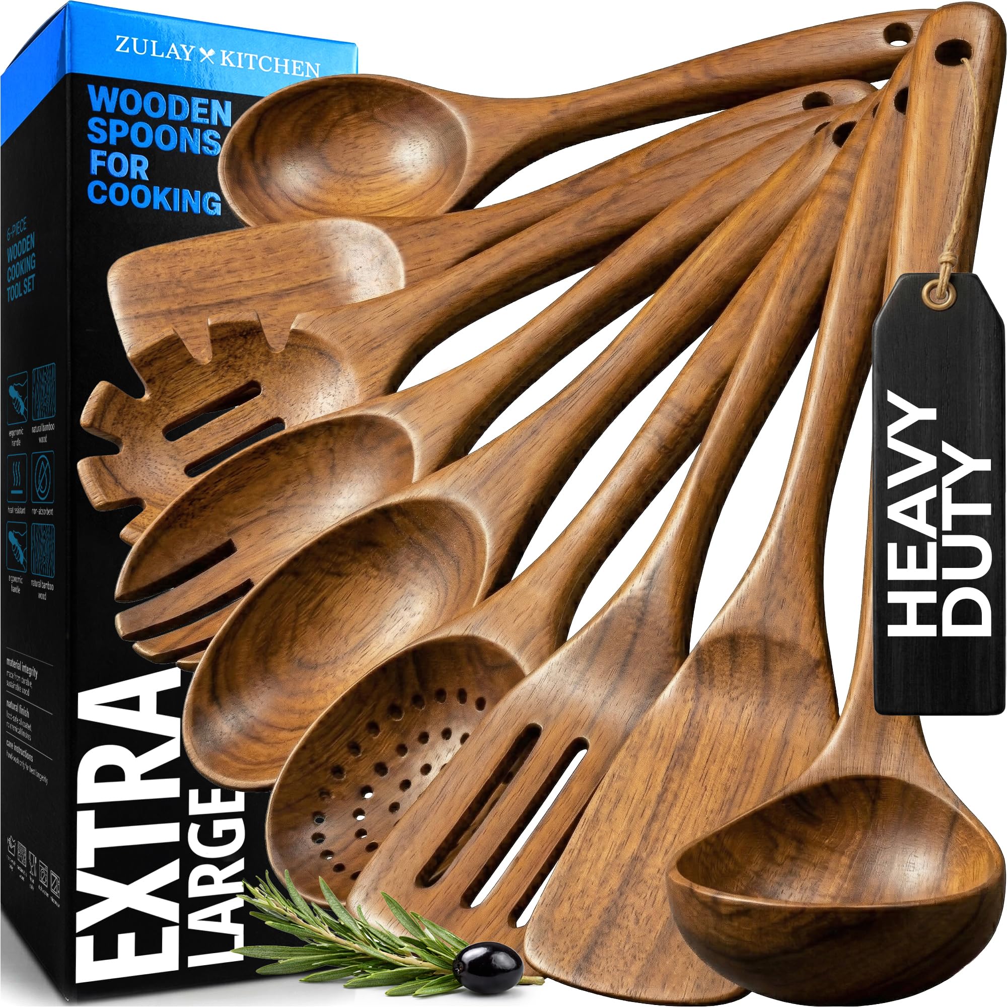 Zulay Kitchen 9-Piece Teak Wood Cooking Utensil Set – Non-Toxic &amp; Non-Stick Safe Wooden Spoons &amp; Kitchen Tools with Comfortable Grip, Smooth Finish Natural Teak – Perfect Kitchen Gift Set