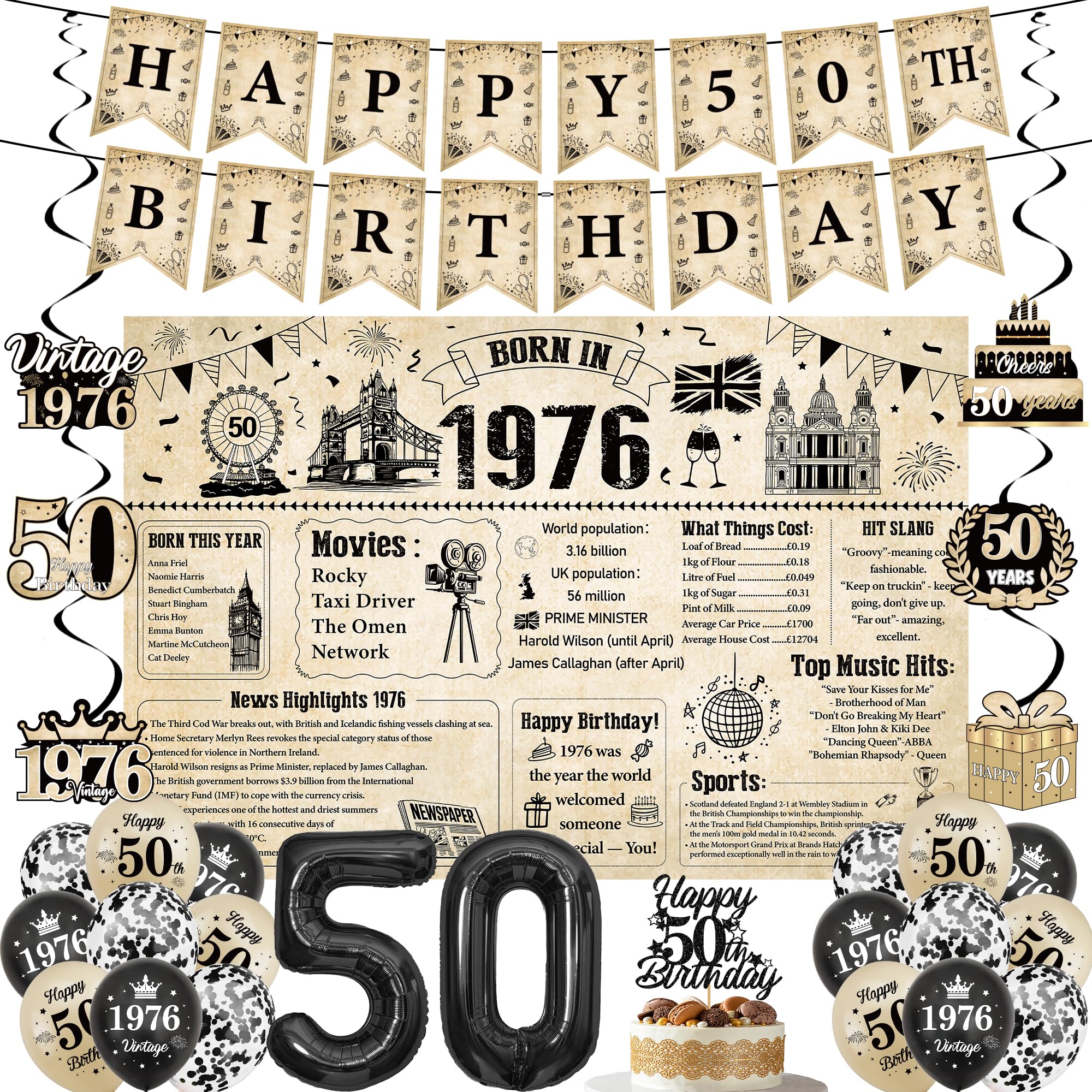 50th Birthday Decorations Men Women - 30 Pcs Born In 1976 UK Vintage Happy 50 Years Old Birthday Backdrop, Banner, Number 50 Balloons and Hanging Swirls for 50th Party Supplies
