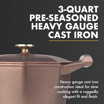 FINEX 3QT Cast Iron Dutch Oven with Lid, Stainless Steel Speed Cool Handles, Pre-Seasoned, Handcrafted in the USA