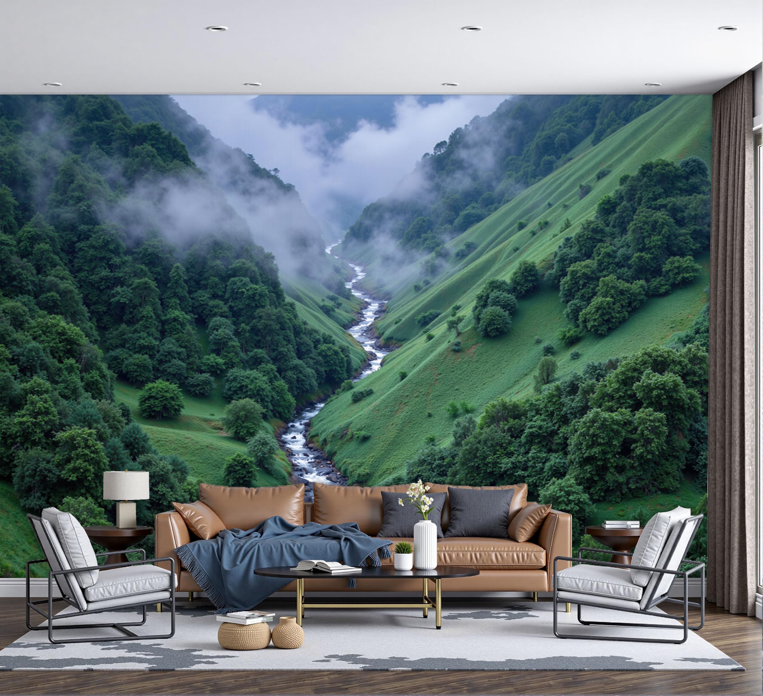 Papier peint panoramique forêt de la vallée brumeuse 3D luxe