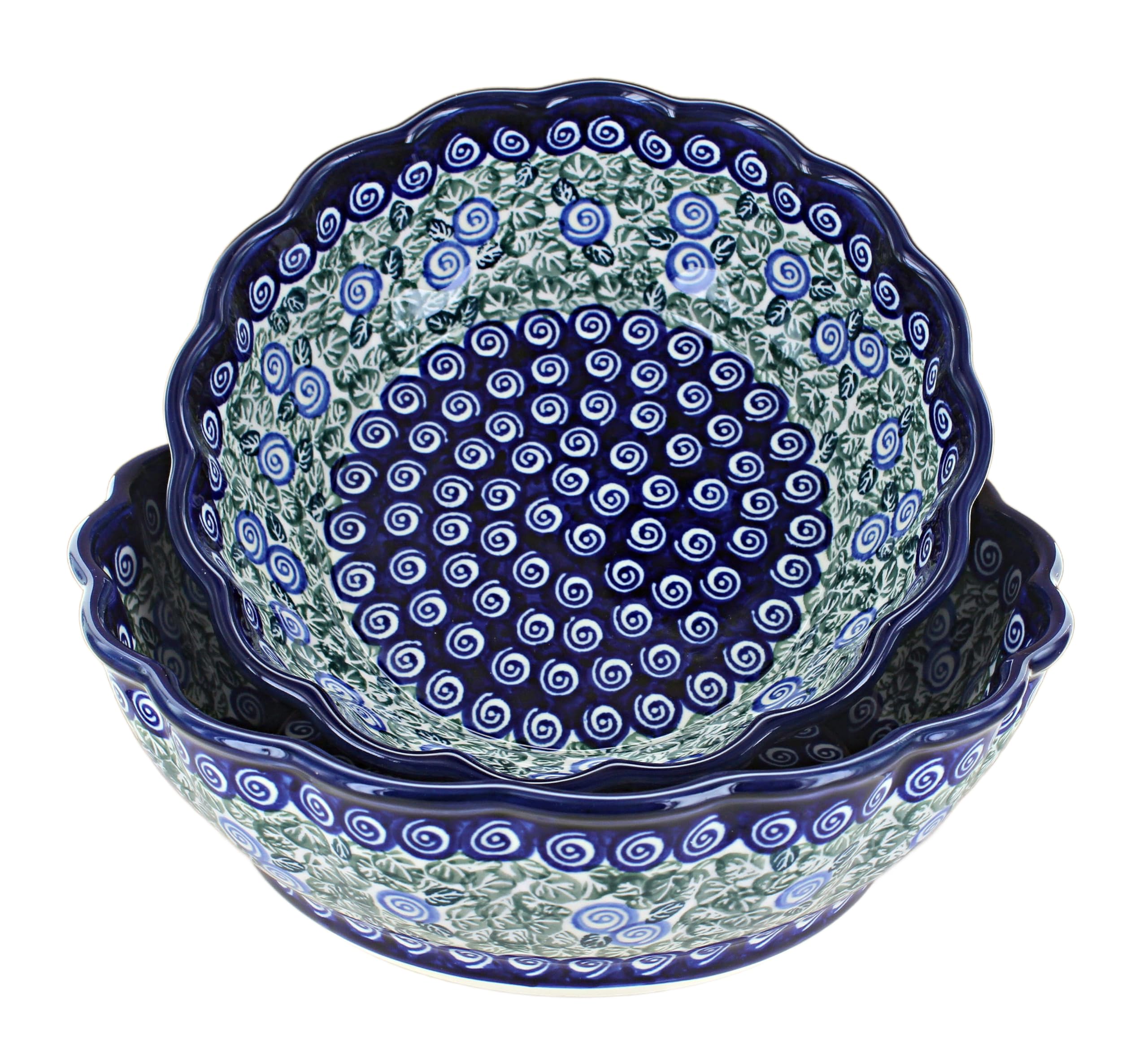 Blue Rose Polish Pottery Seaside Swirl Scallop Serving Bowl Set