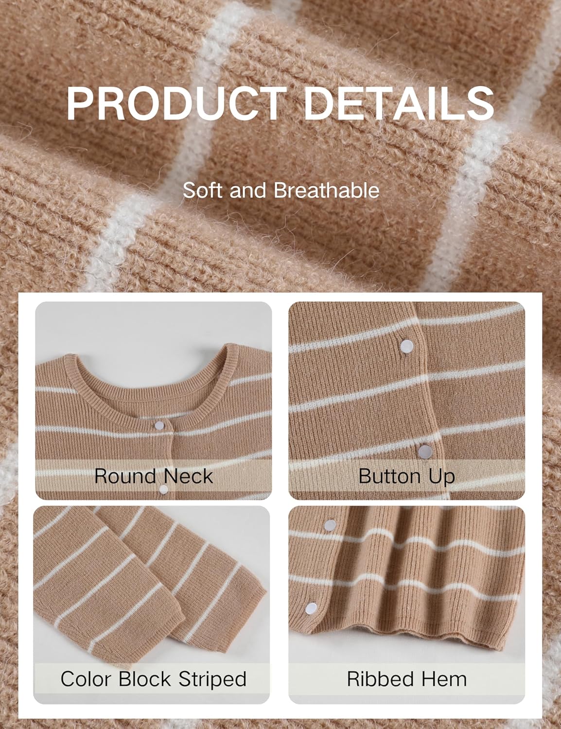 Hongsui Women's Casual Striped Knit Cardigan Button Down Crewneck Sweater Loose Color Block Outerwear - Image 6