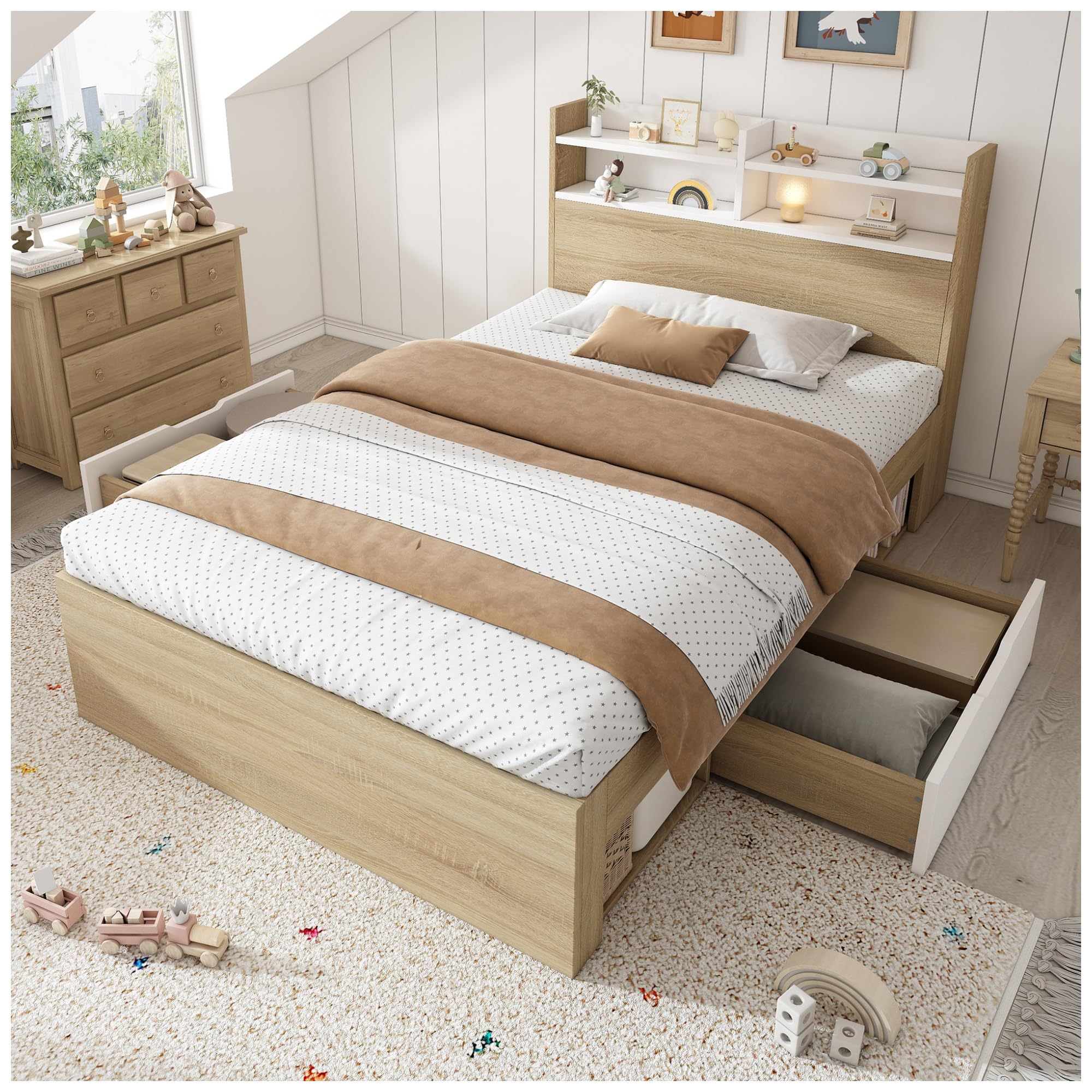 Cama individual 90 x 190 cm, cabecero con estante de almacenamiento, 2 cajones, cama de madera maciza, ideal para habitaciones compactas, sin colchón, natural