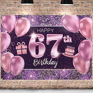 Happy 67th Birthday Banner Backdrop - 67 Birthday Party Decorations Supplies for Women - Pink Purple Gold 4 x 6ft