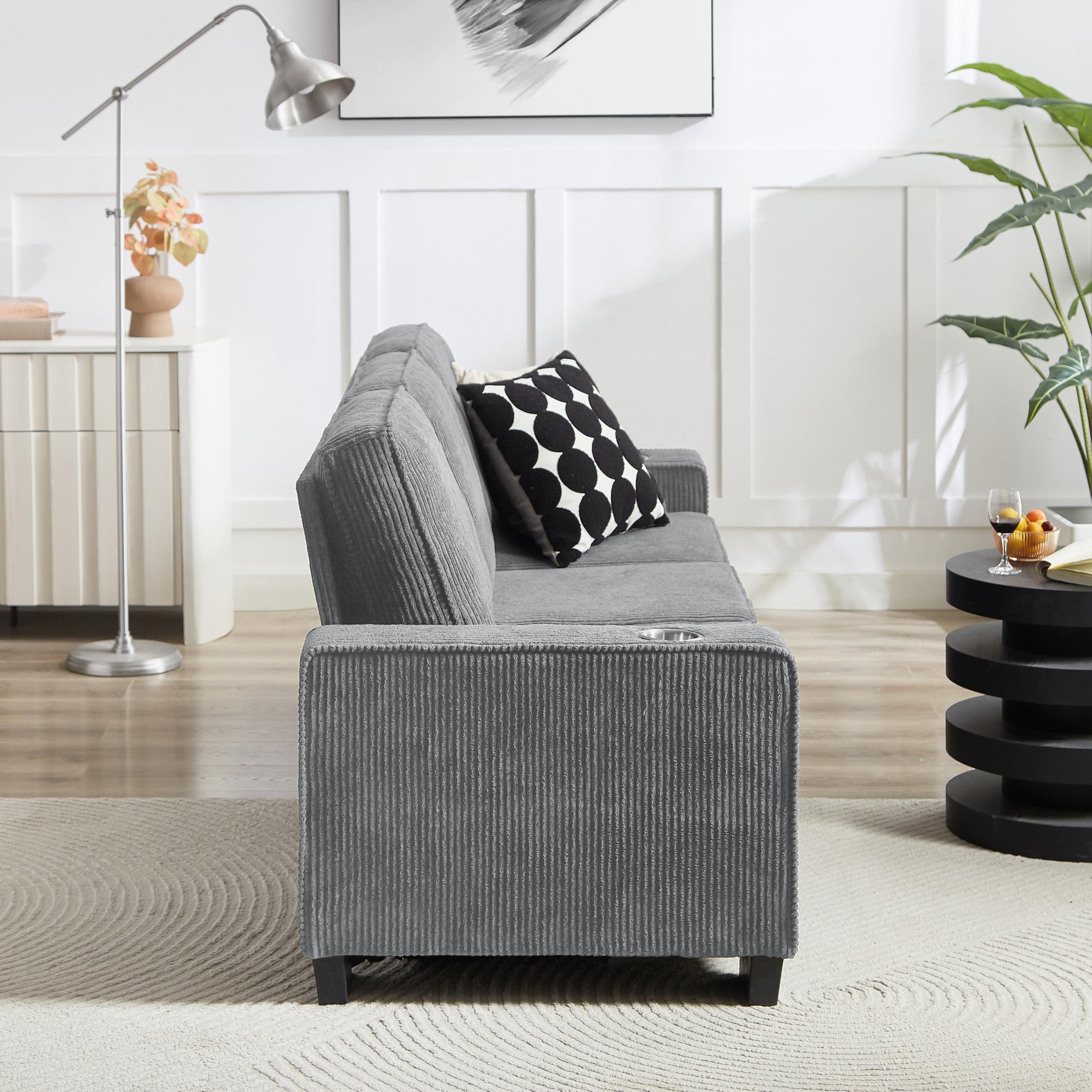 Sofa 3-osobowa, szara, tkanina sztruksowa, 206 cm, nowoczesna sofa