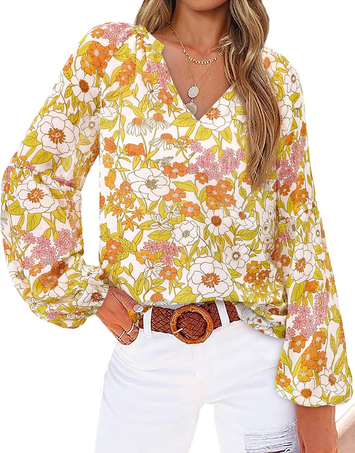 BTFBM Boho Blouses for Women Dressy Casual Floral Long Sleeve Shirts V Neck Lightweight Chiffon Summer Spring Tops 2025