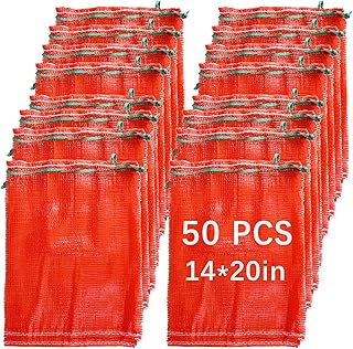50 Pcs 20x14in Red Mesh Onion Bags with Drawstring, Reusable Fresh Produce Onion Storage Sacks For Onions Potato Garlic Citrus Crawfish and Firewood, Washable Breathable Net Bags For Vegetable