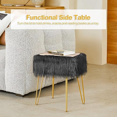 Miniatura 6 de Taburete de tocador con almacenamiento, asiento otomano suave con pies antideslizantes, asiento acolchado esponjoso, mesa auxiliar multifuncional