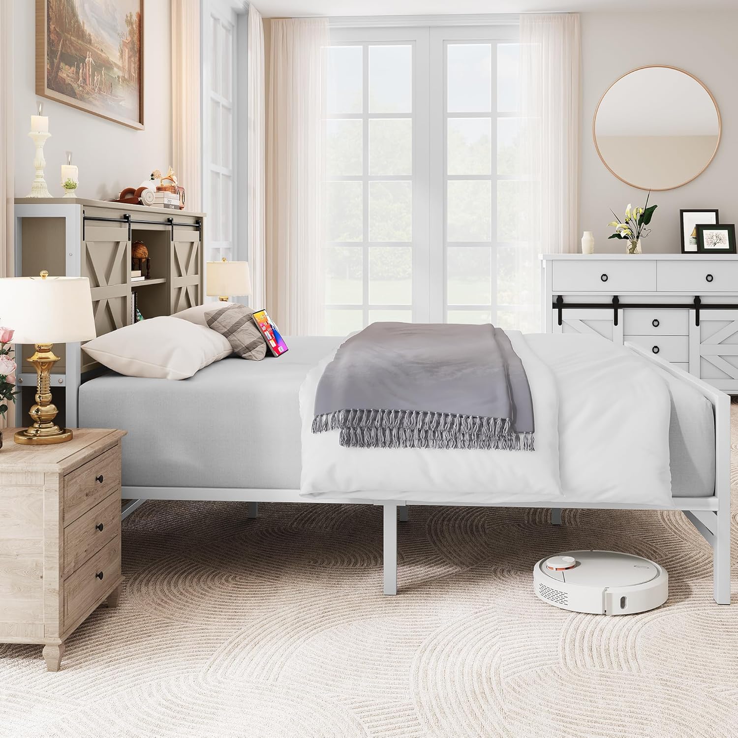 YITAHOME Farmhouse Queen Size Bed Frame with Headboard, Bookcase Shelves, Sliding Barn Door, Charging Station, Rustic Wood Platform Bed, No Box Spring Needed, Oak