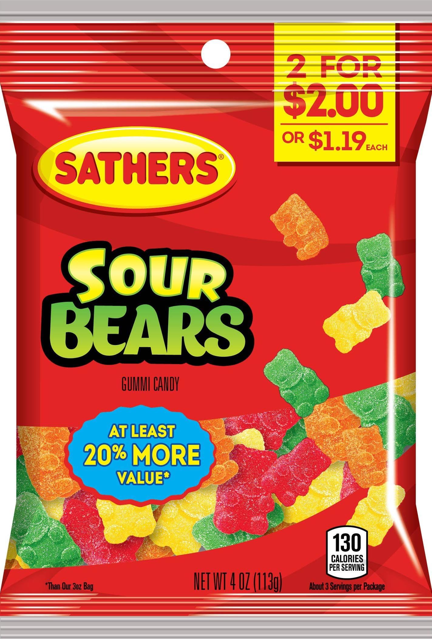 Sathers Sour Gummy Bears Candy, Assorted Fruit, 4 Ounce (Pack of 12)