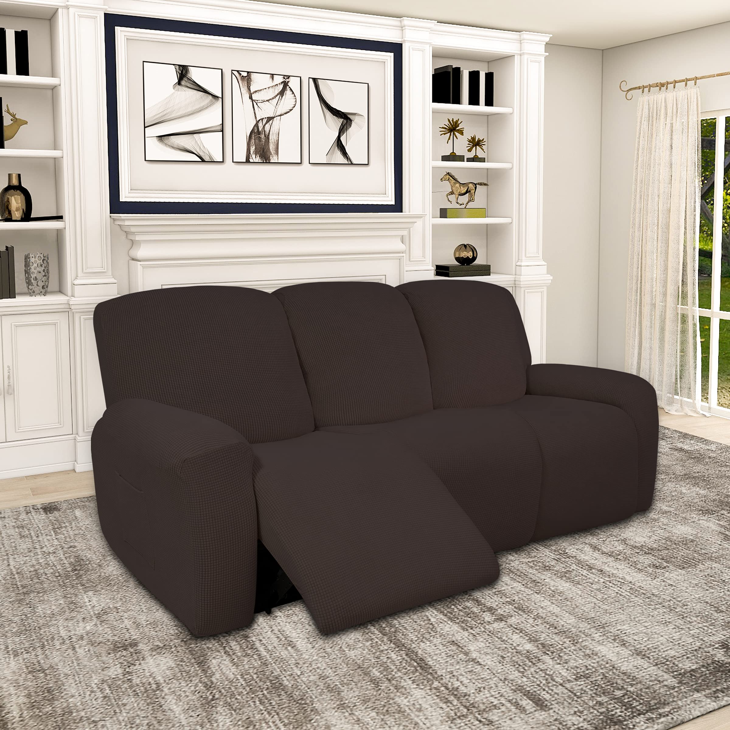 Easy-Going Funda de sofá reclinable 100% Impermeable Doble, Funda elástica de 8 Piezas con Bolsillo, Funda de sofá Jacquard de 3 plazas, Lavable a Prueba de Fugas (sofá, Chocolate)