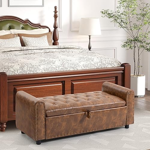 Vista 13 de Otomana con almacenamiento, banco de almacenamiento acolchado para dormitorio, banco de telas de 48" al pie de la cama, bancos tapizados