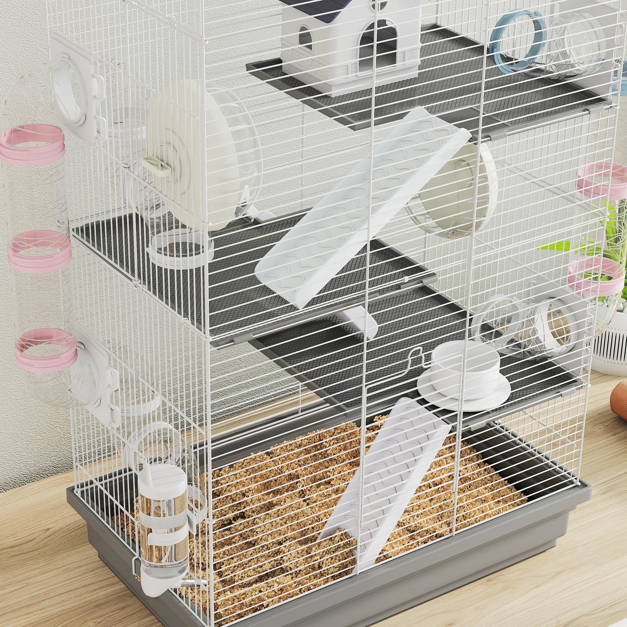 PawHut Jaula para Hámster, 47x30x70 cm, Casa para Animales Pequeños con Túnel, Plataformas, Cuenco, Bebedero, Casita, Rampas y Rueda de Ejercicio, para Hámsteres Enanos, Jerbos, Gris