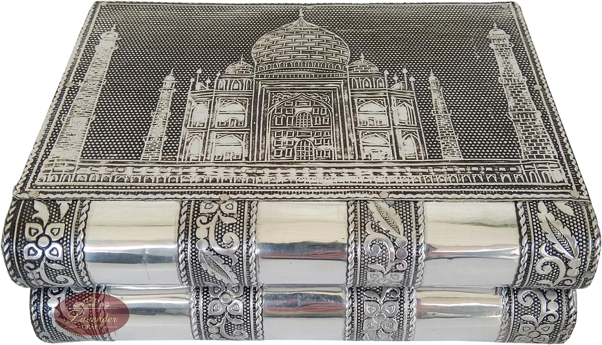 Lavender CRAFT Silver Oxidized Aluminum Antique Taj Mahal Design Handmade Rectangular Jewellery Box (Silver, 6.5 Inch X 4 Inch X 2 Inch)