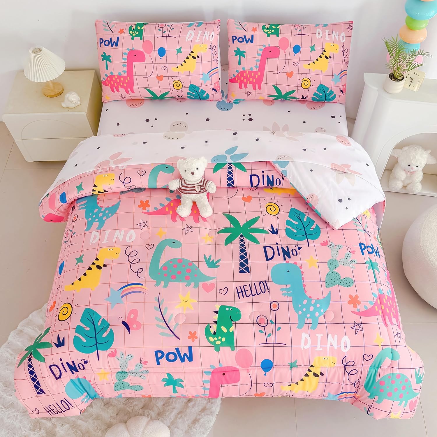 MWMWMW 5 Piece Pink Dinosaur Girls Comforter Set Full, Kids Comforter Sets for Girls, Bed in a Bag Full for Teens Kids Bedroom with 1 Comforter, 1 Flat Sheet, 1 Fitted Sheet and 2 Pillowcases
