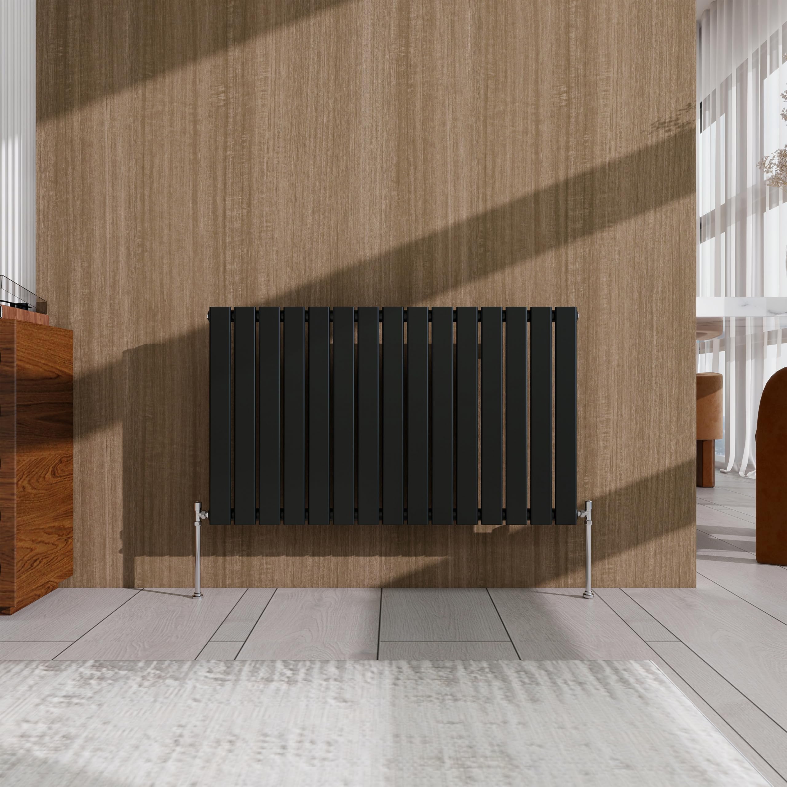 Black Horizontal Designer Radiator – 600×1020mm Single Panel Flat – Modern Central Heating Bathroom Radiator