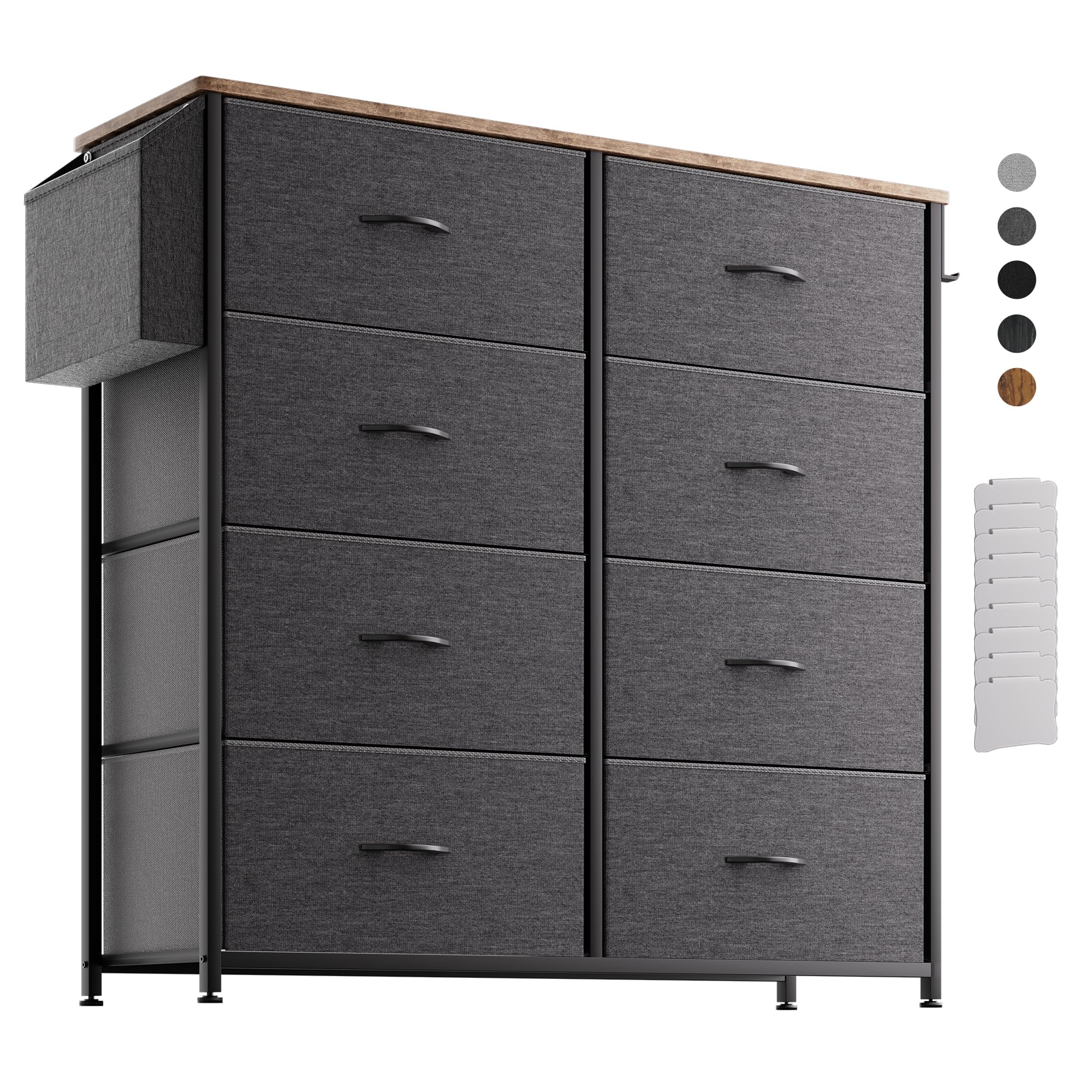 PURFINO Fabric Chest of Drawers - Canvas Storage Unit with 8 Large Drawers, Label Cards, Side Pocket & Hook for Living Room, Hallway, Bedroom