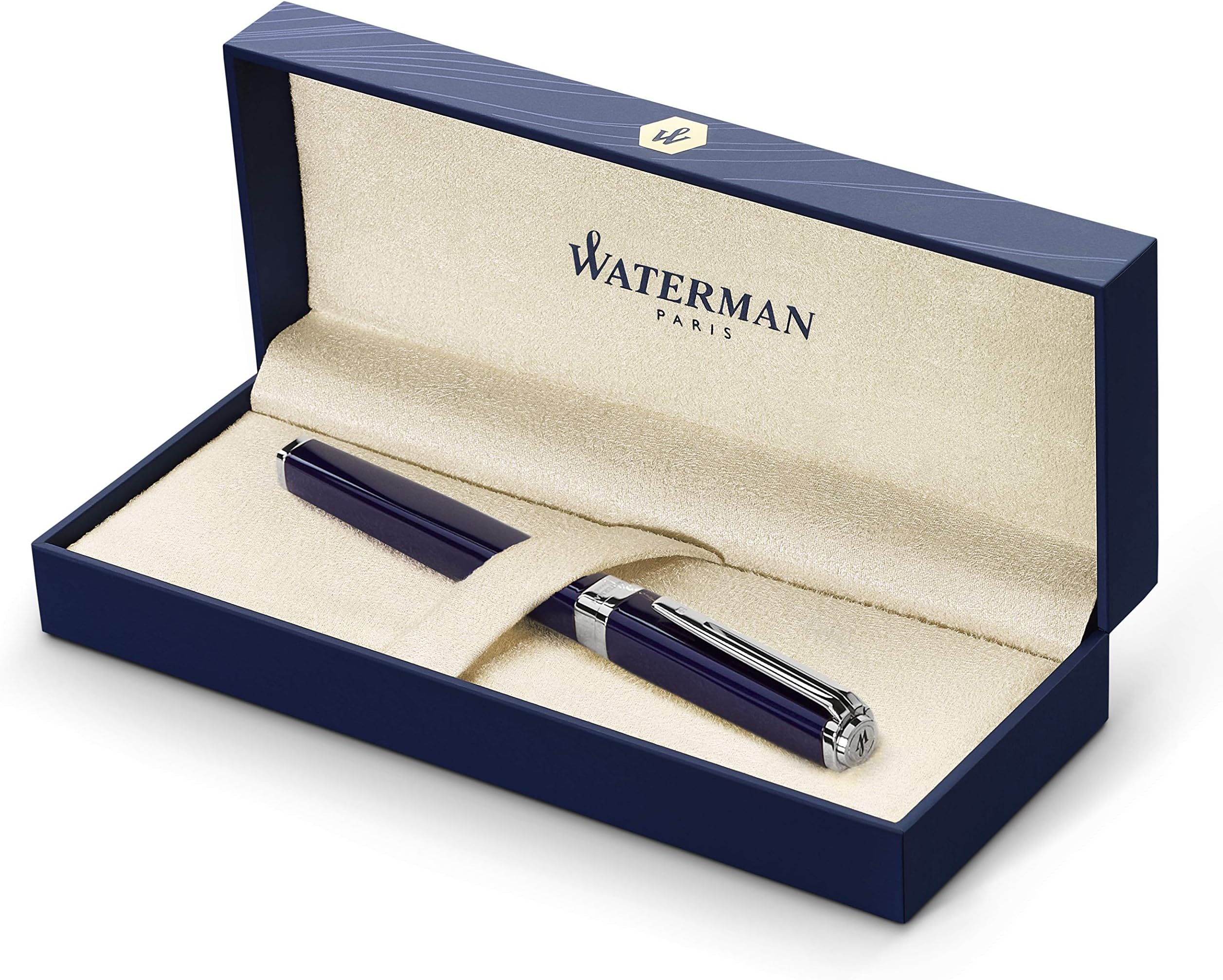 Waterman Exception Fountain Pen, Slim Blue with Silver Plated Clip, Fine Nib with Blue Ink Cartridge, Gift Box