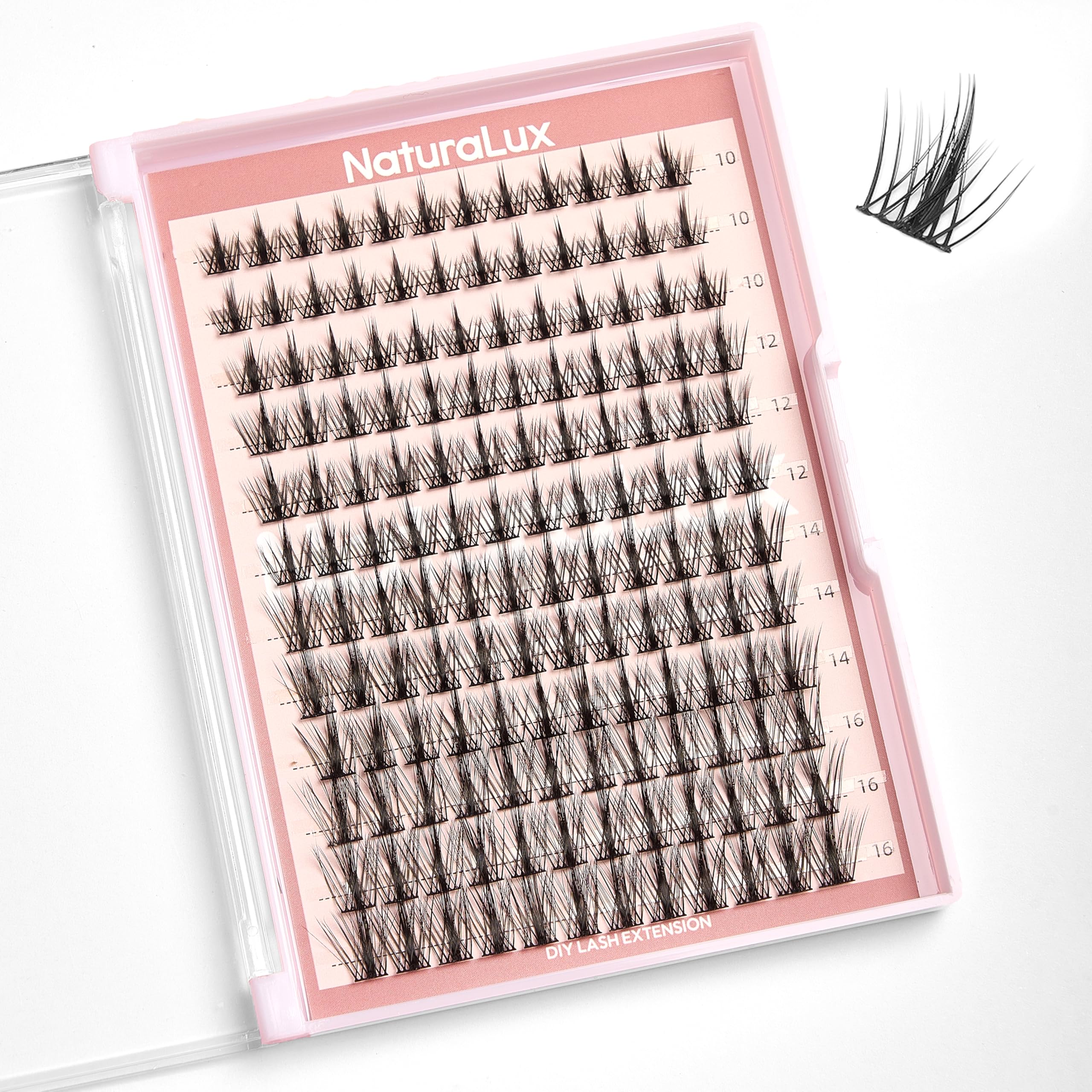 NATURALUX Natural Manga Mixed Lash NL03; 10mm, 12mm, 14mm, 16mm; 144 Total Count; False Eyelash Clusters, Individual Lashes, Lash Extensions, Lash