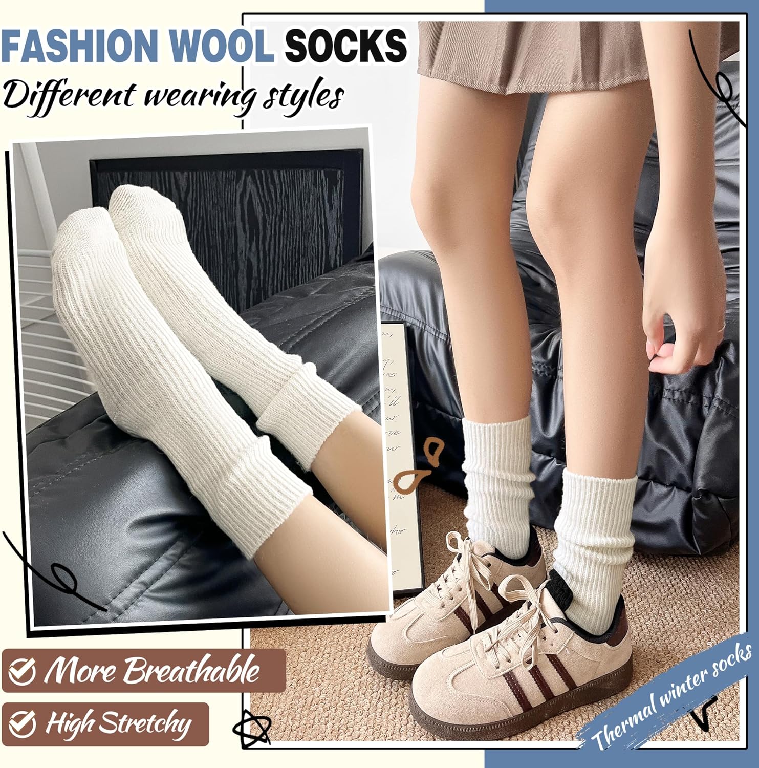 Women White Merino Wool Slouchy Boot Socks Warm Winter Thermal Slouch Scrunch Cozy Knit Comfy Hiking Work Gifts Socks 5 Pairs Stocking Stuffers(W,L) - Image 6