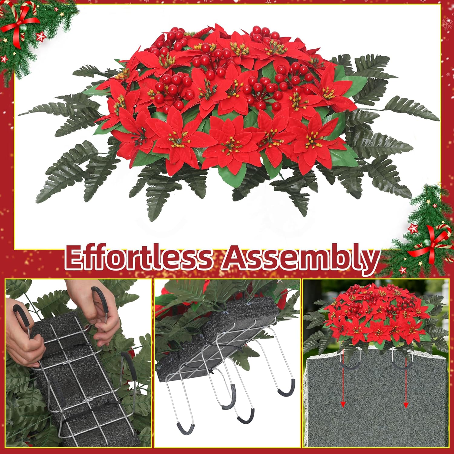 Lodou Christmas Cemetery Flowers Saddle for Grave Decorations-Headstone Flower Saddle,Red Poinsettia Outdoor Memorial Headstone Flower (Red)